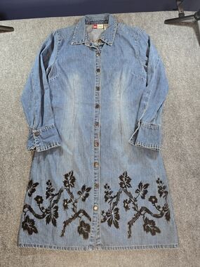 Vintage Y2K Denim Dress Womens L Button Front Long Sleeve Floral Trim